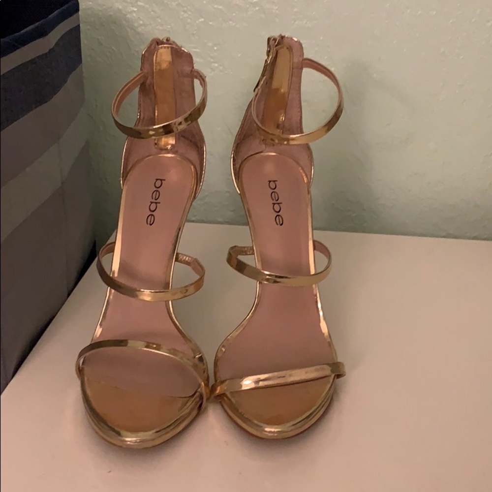BEBE GOLD THREE STRAPPED HEELS